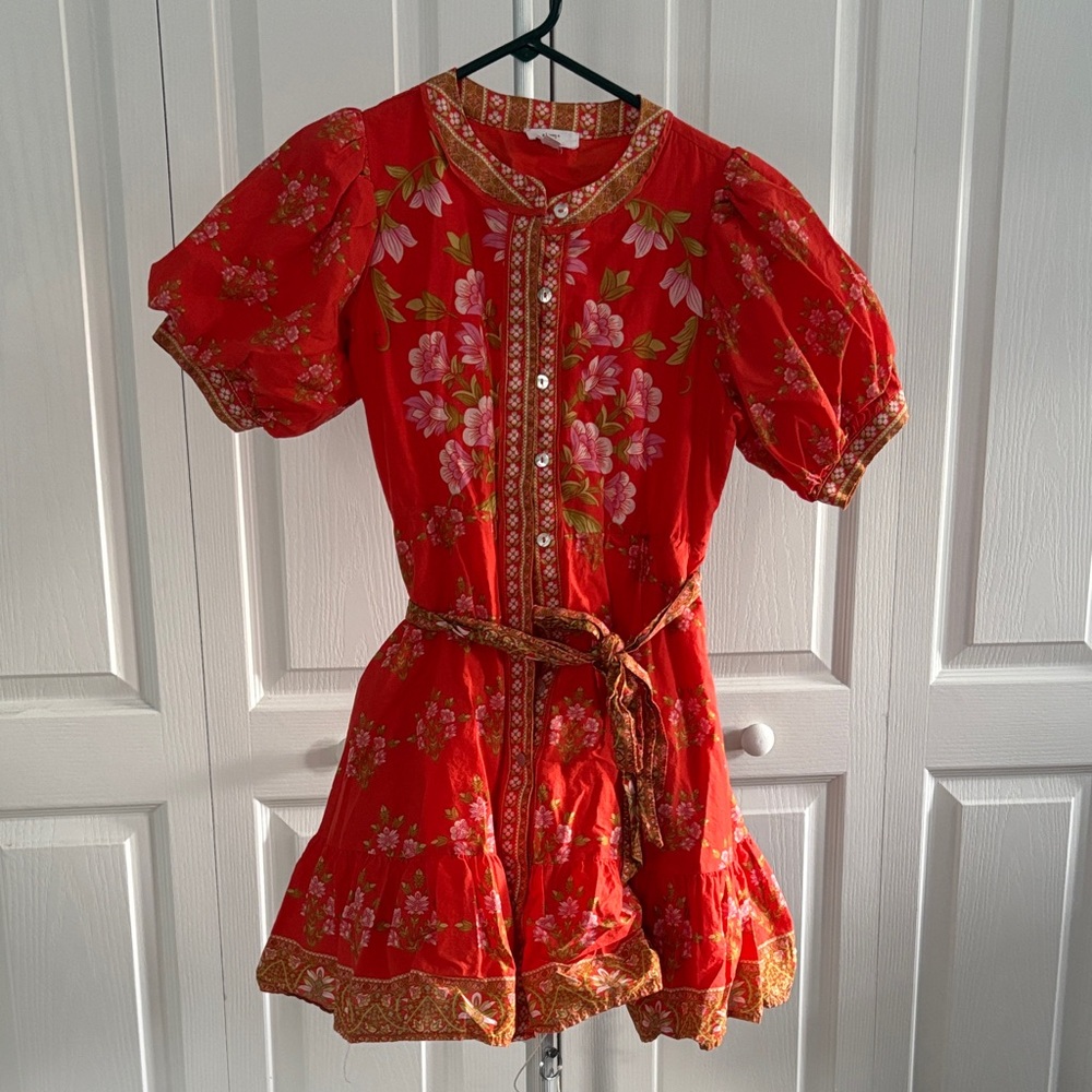 Red Floral Button-Front Girls' Dress with Tie Waist